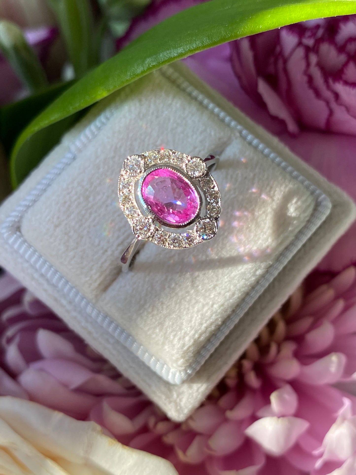 1.20 CTW Pink Sapphire and Diamond Compass Halo Engagement Ring in Platinum