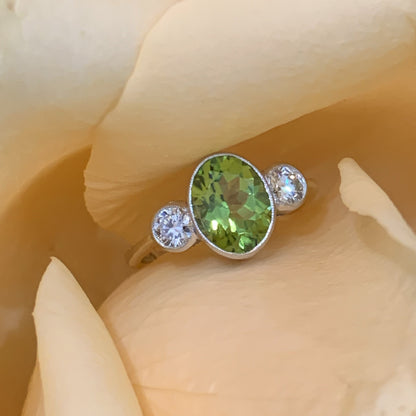 1.85 Carat Peridot and Diamond Three Stone Ring in 18ct Gold