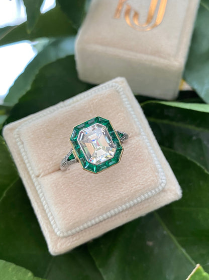 2.30 Carat Emerald Cut Diamond and Emerald Art Deco Halo Ring 