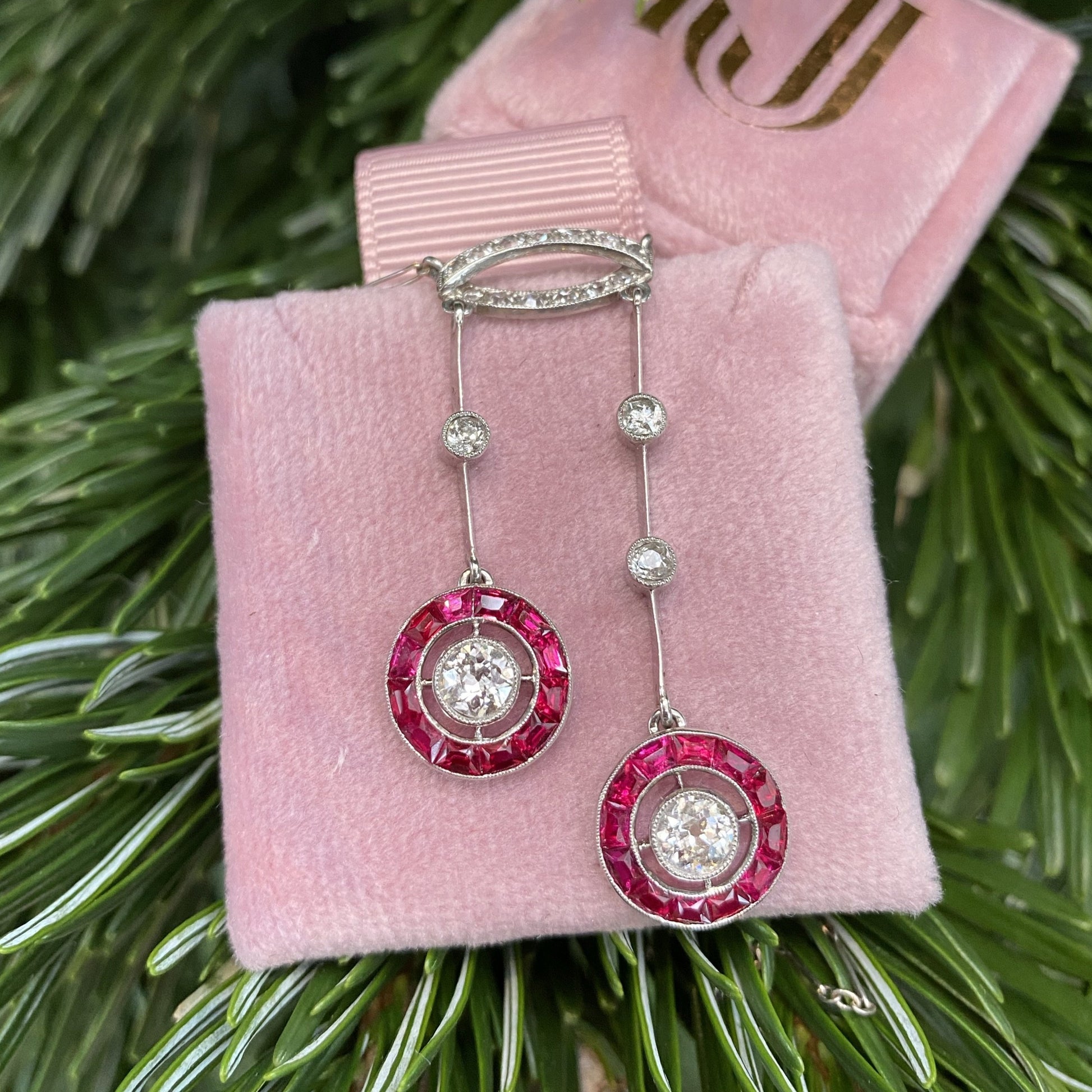 Antique Art Deco Ruby and Old Cut Diamond Necklace in Platinum 