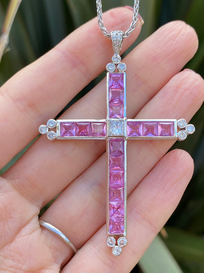 15.00 Carat Pink Sapphire and Diamond Cross Pendant Necklace in 18ct White Gold