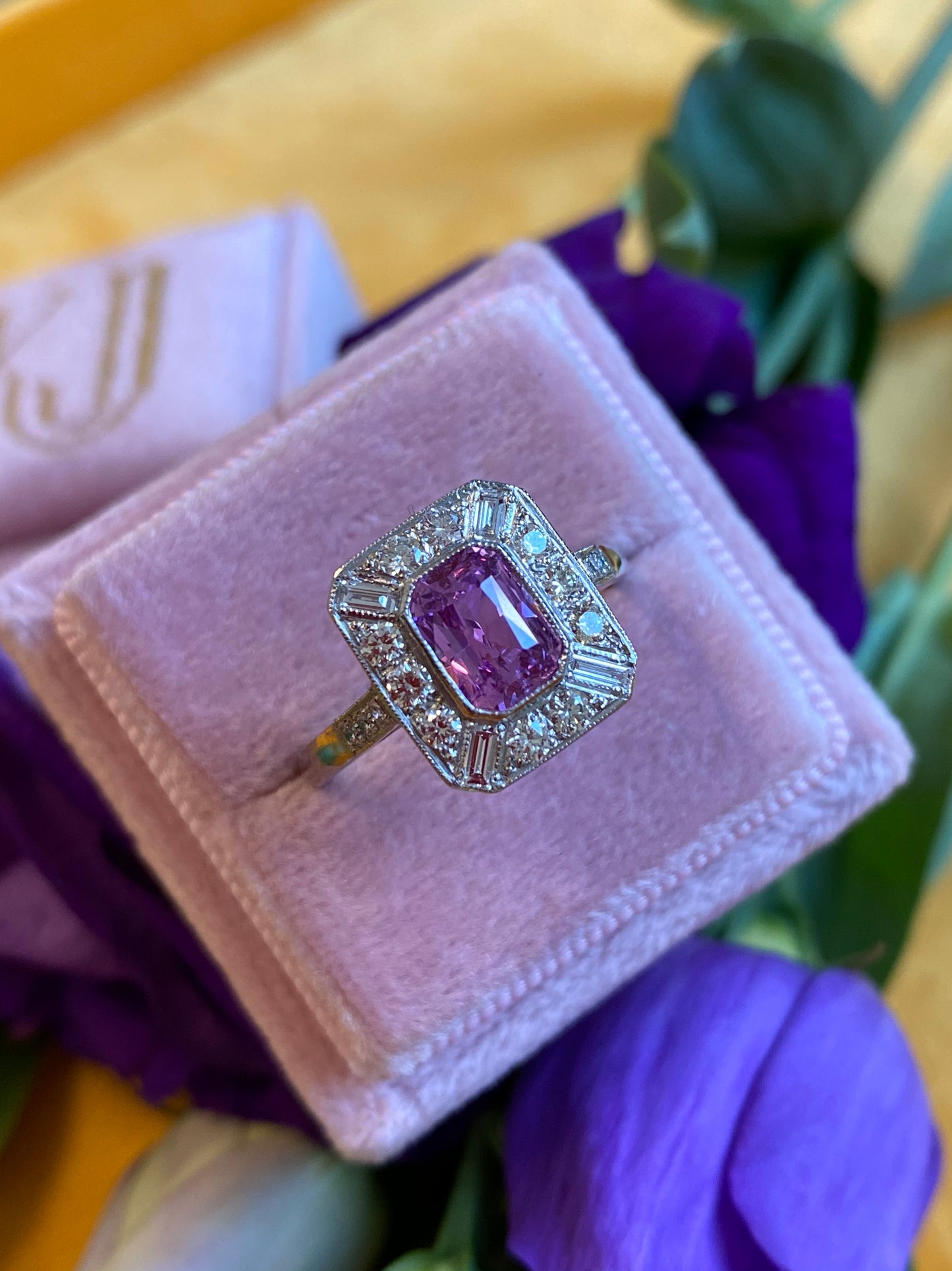 1.00 Carat Pink Sapphire and Diamond Art Deco Halo Engagement Ring in Platinum