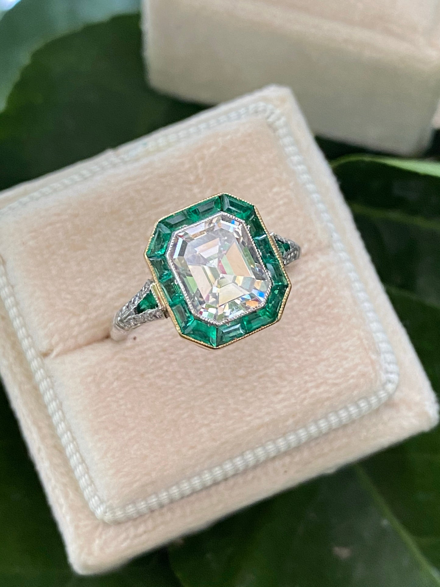 2.30 Carat Emerald Cut Diamond and Emerald Art Deco Halo Ring 