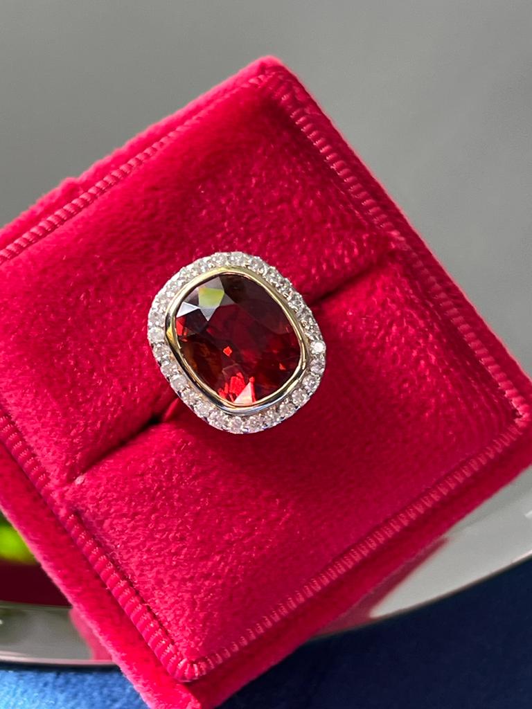 Spessartine Red Orange Garnet and Diamond Halo Ring 