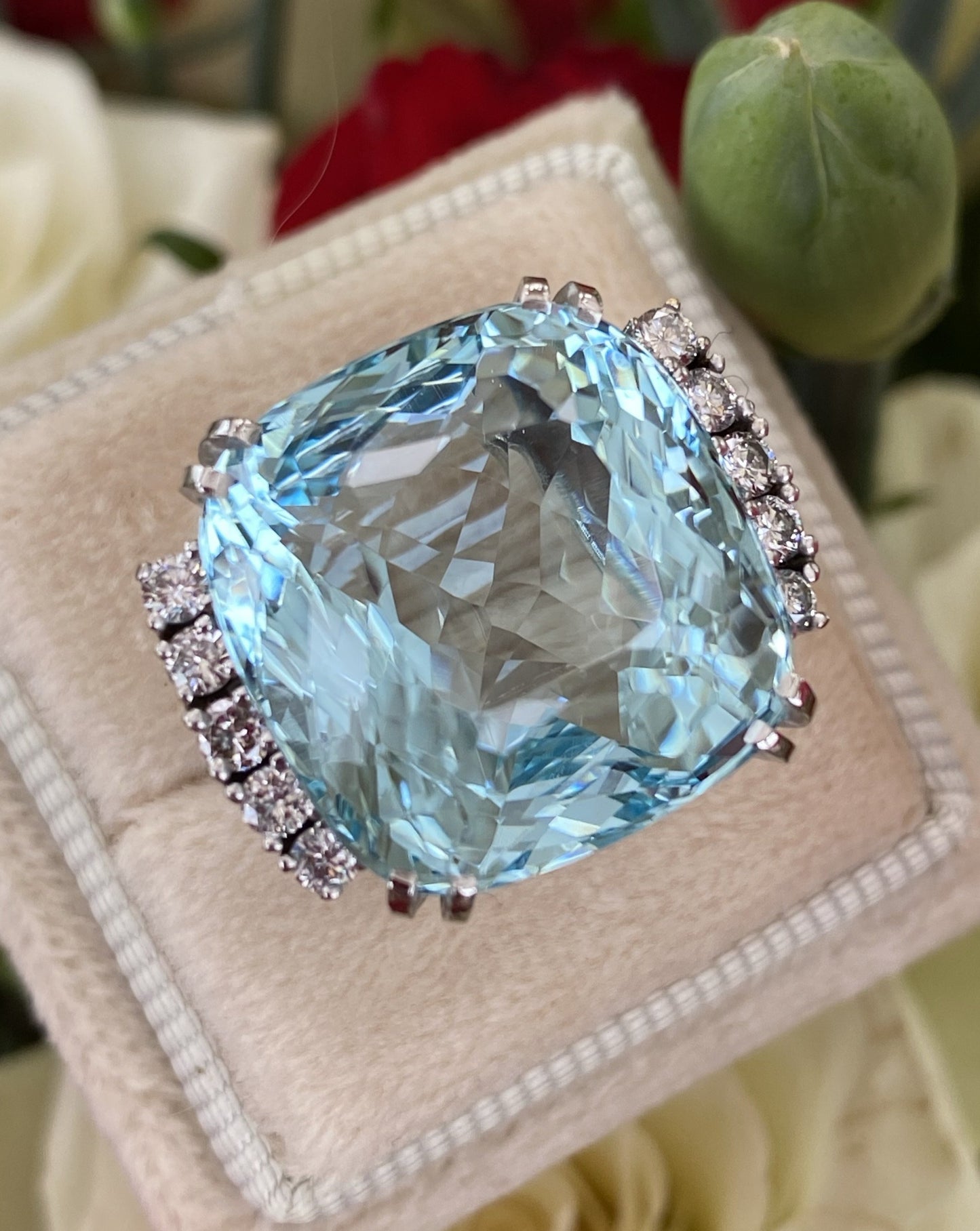 27.76 Carat Fancy Cut Cushion Aquamarine and Diamond Cocktail Ring in Platinum 