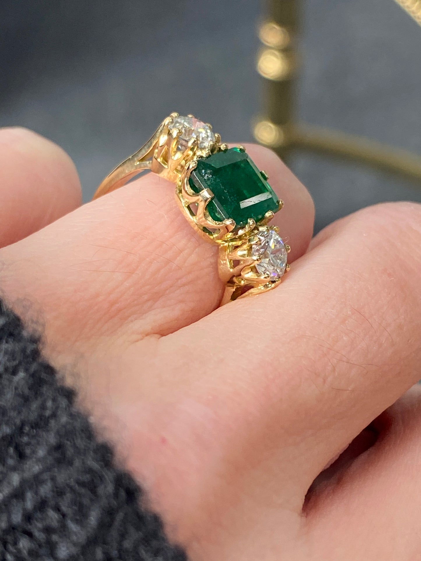 4.00 CTW Emerald and Diamond Three Stone Engagement Ring in 18ct Yellow Gold