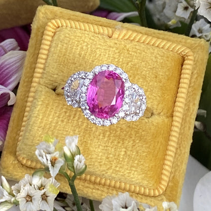 2.87 Carat Oval Cut Pink Sapphire and Diamond Engagement Ring in White Gold 