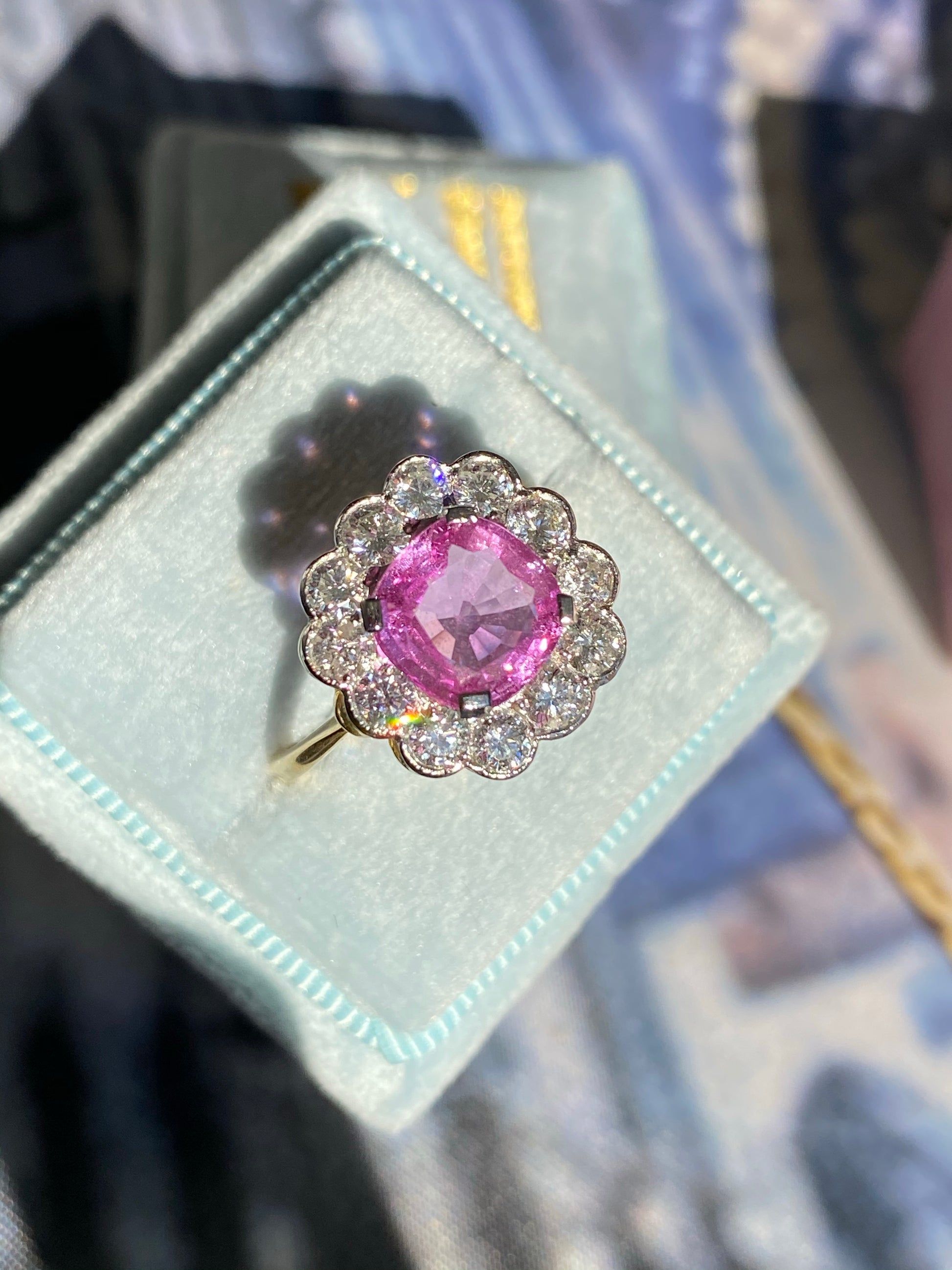 2 Carat Pink Sapphire and Diamond Antique Style Halo Engagement Ring in White and Yellow Gold 