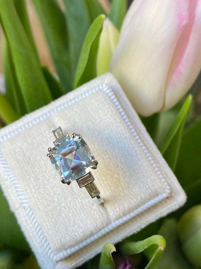 2.00 Carat Cushion Cut Aquamarine and Diamond Art Deco Engagement Ring in Platinum