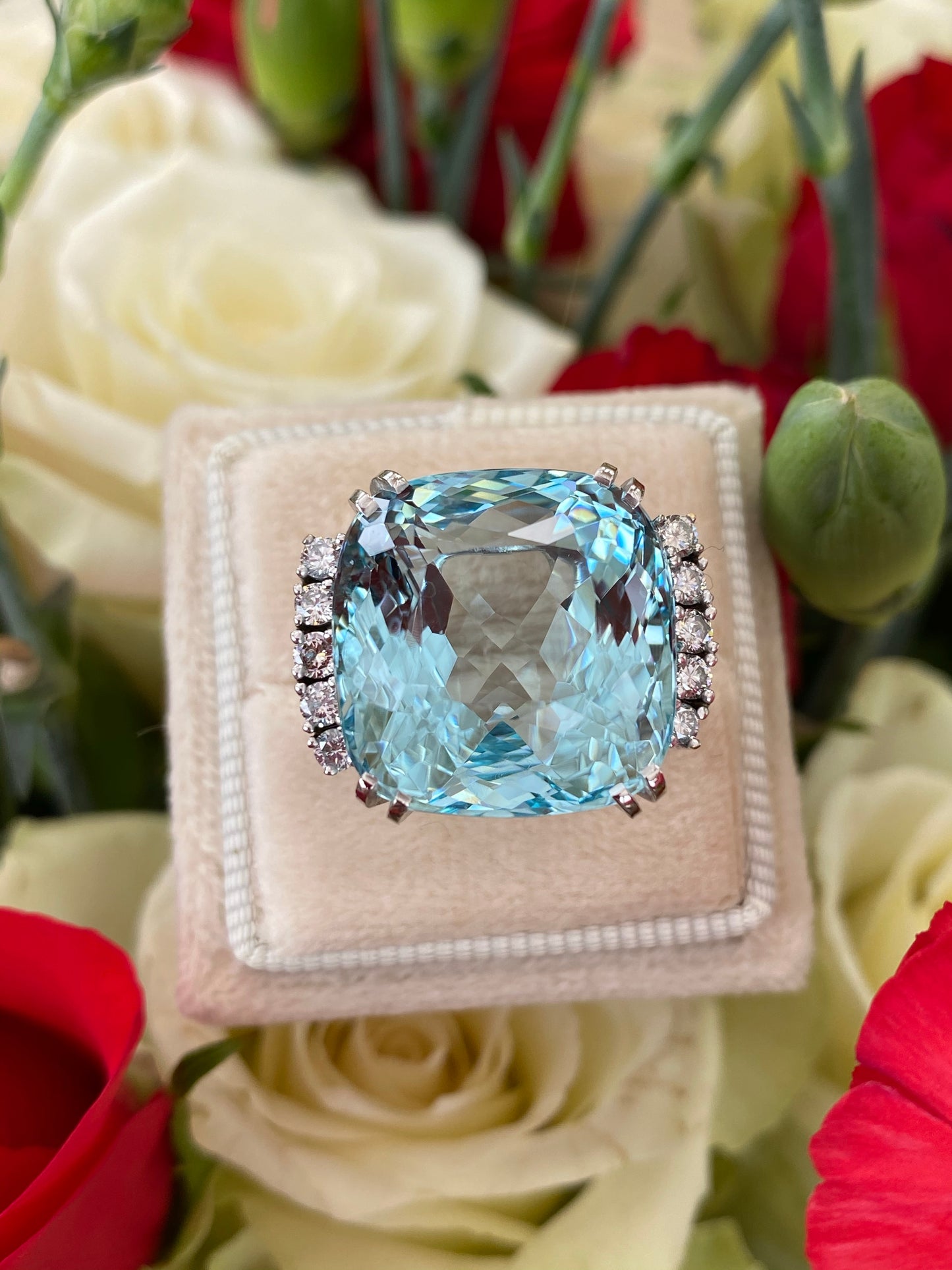 27.76 Carat Fancy Cut Cushion Aquamarine and Diamond Cocktail Ring in Platinum 