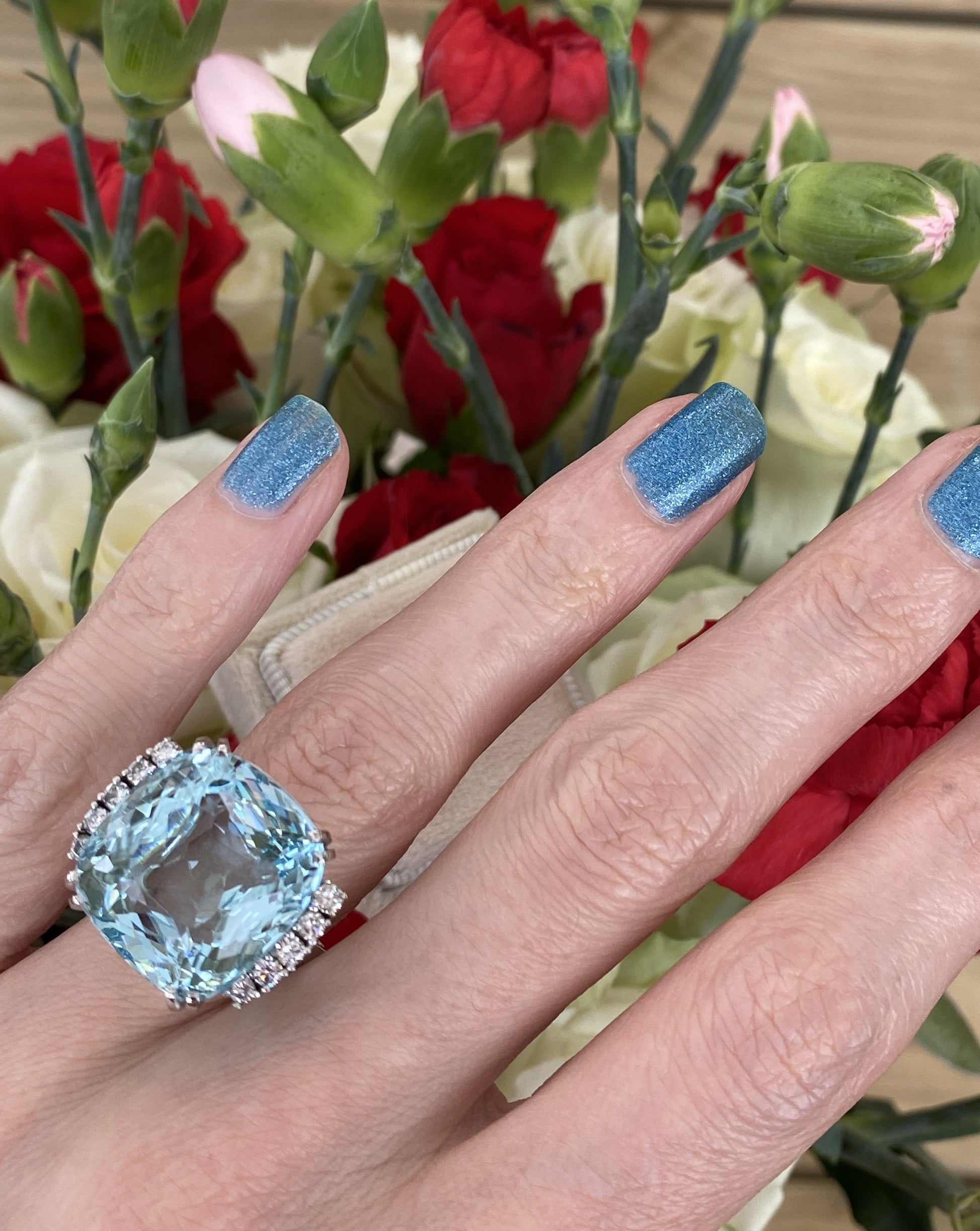 27.76 Carat Fancy Cut Cushion Aquamarine and Diamond Cocktail Ring in Platinum 