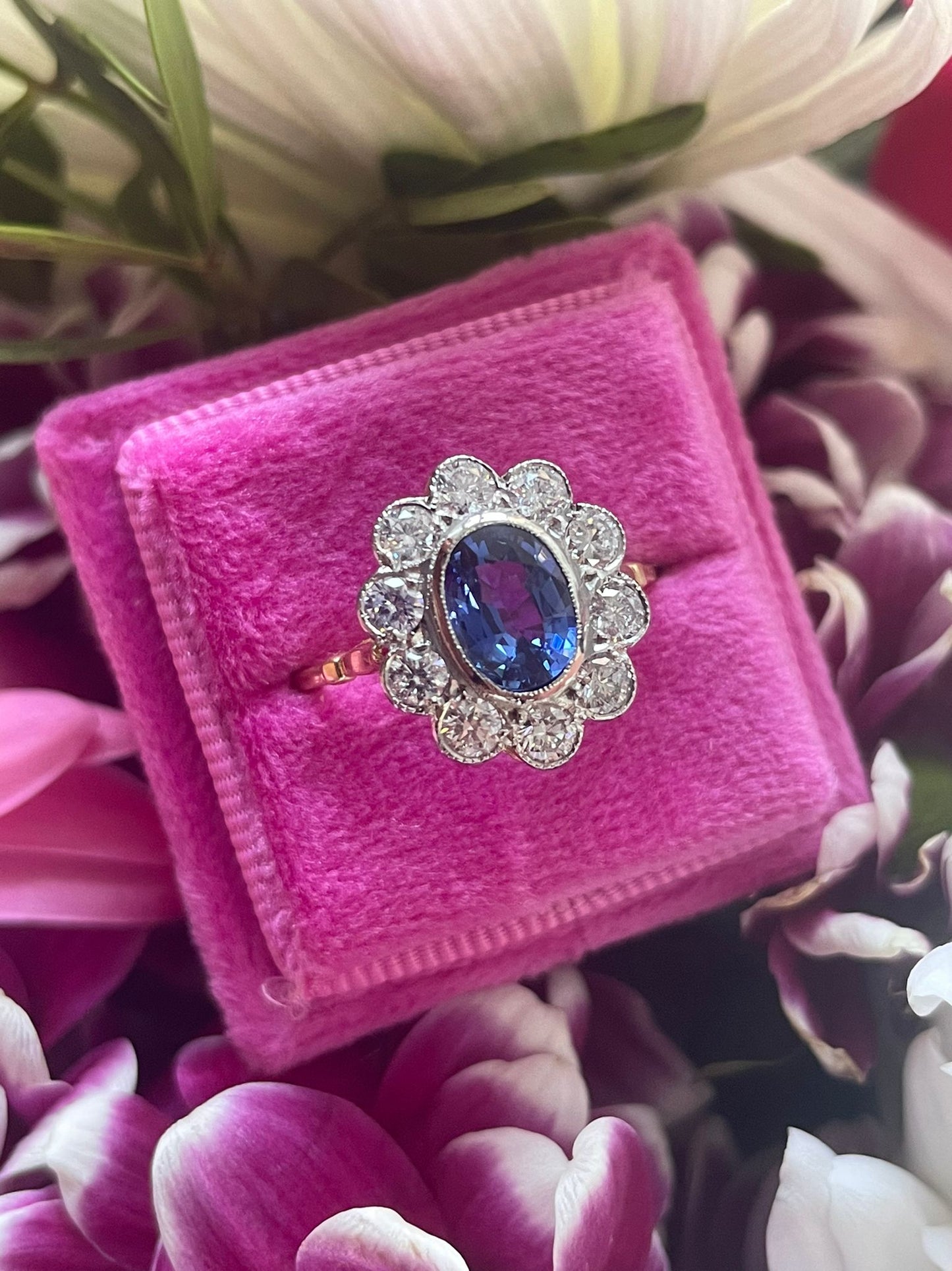 Oval cut Blue Ceylon Sapphire and Diamond Halo Antique Style Engagement Ring