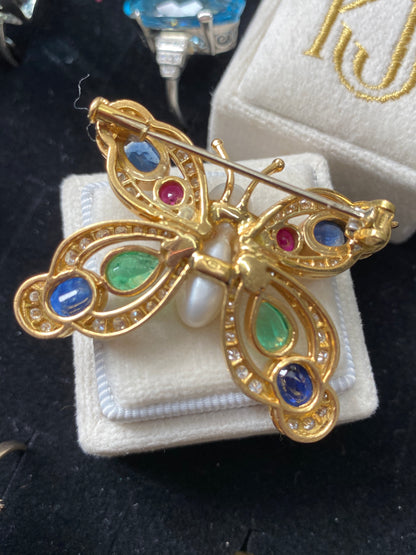 Baroque Pearl, Diamond, Emerald, Blue Sapphire and Ruby Butterfly Brooch in 18ct Yellow Gold