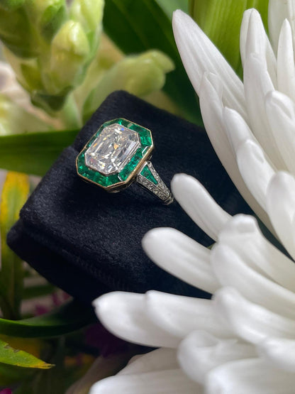 2.30 Carat Diamond and Emerald Antique Art Deco Halo Engagement Ring in 18ct White Gold