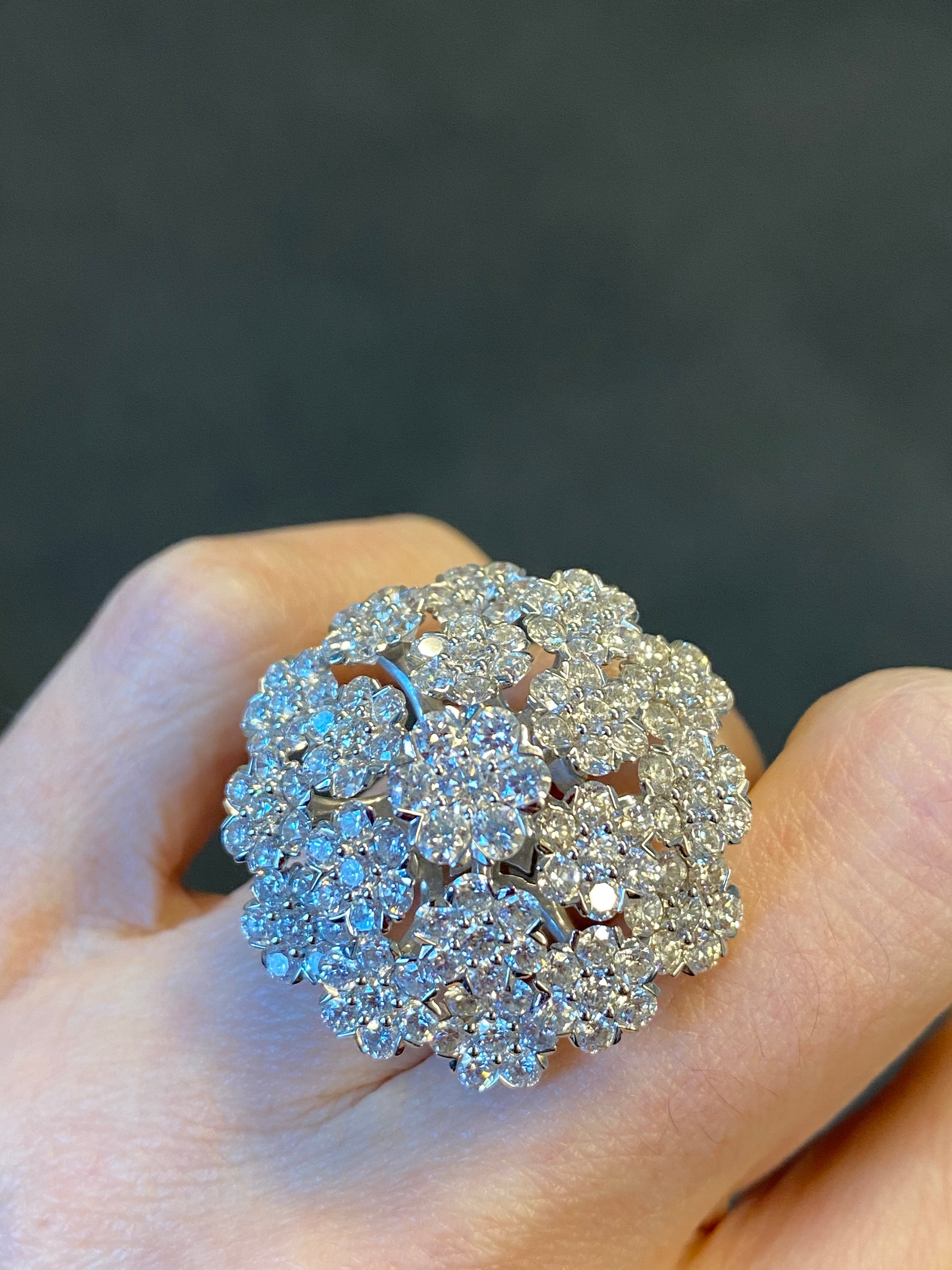 Massive Pave Diamond Flower Cluster Cocktail Ring in White Gold 