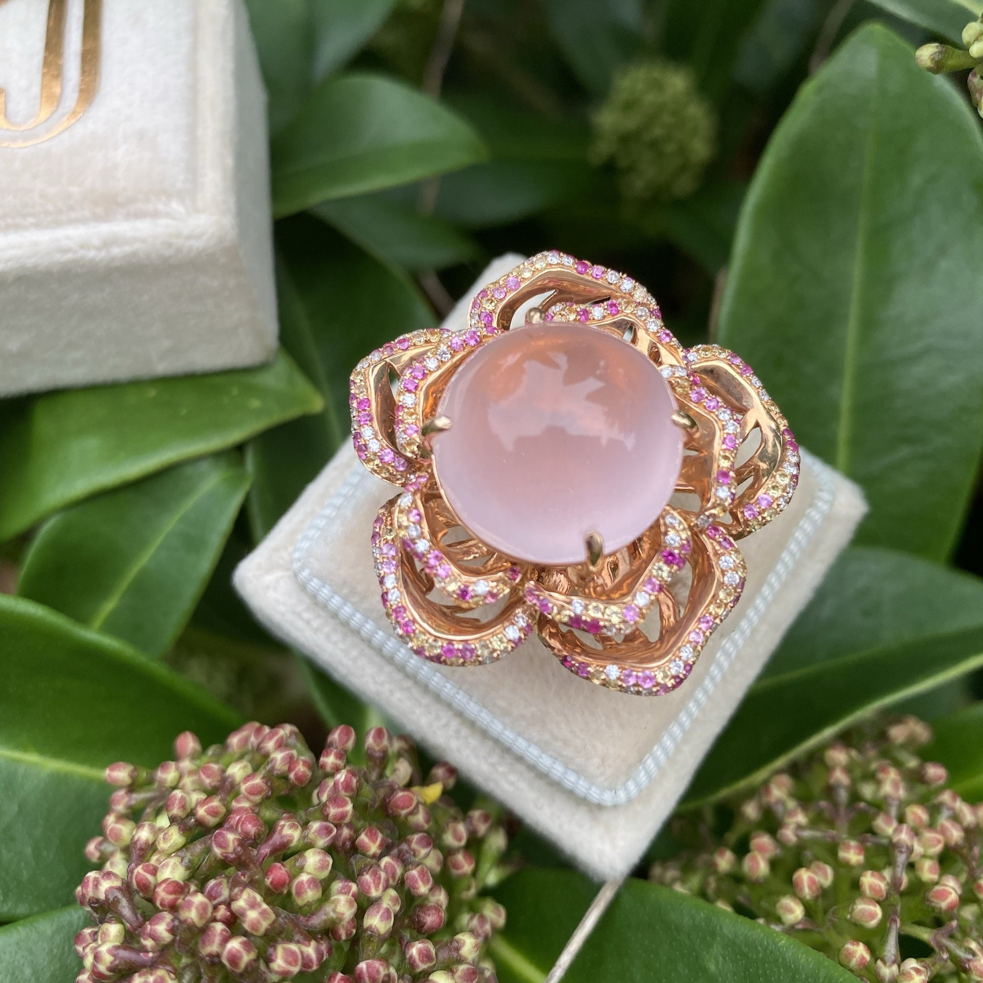 Rose Quartz Flower Ring with Pink and Yellow Sapphires and Diamonds in Rose Gold 