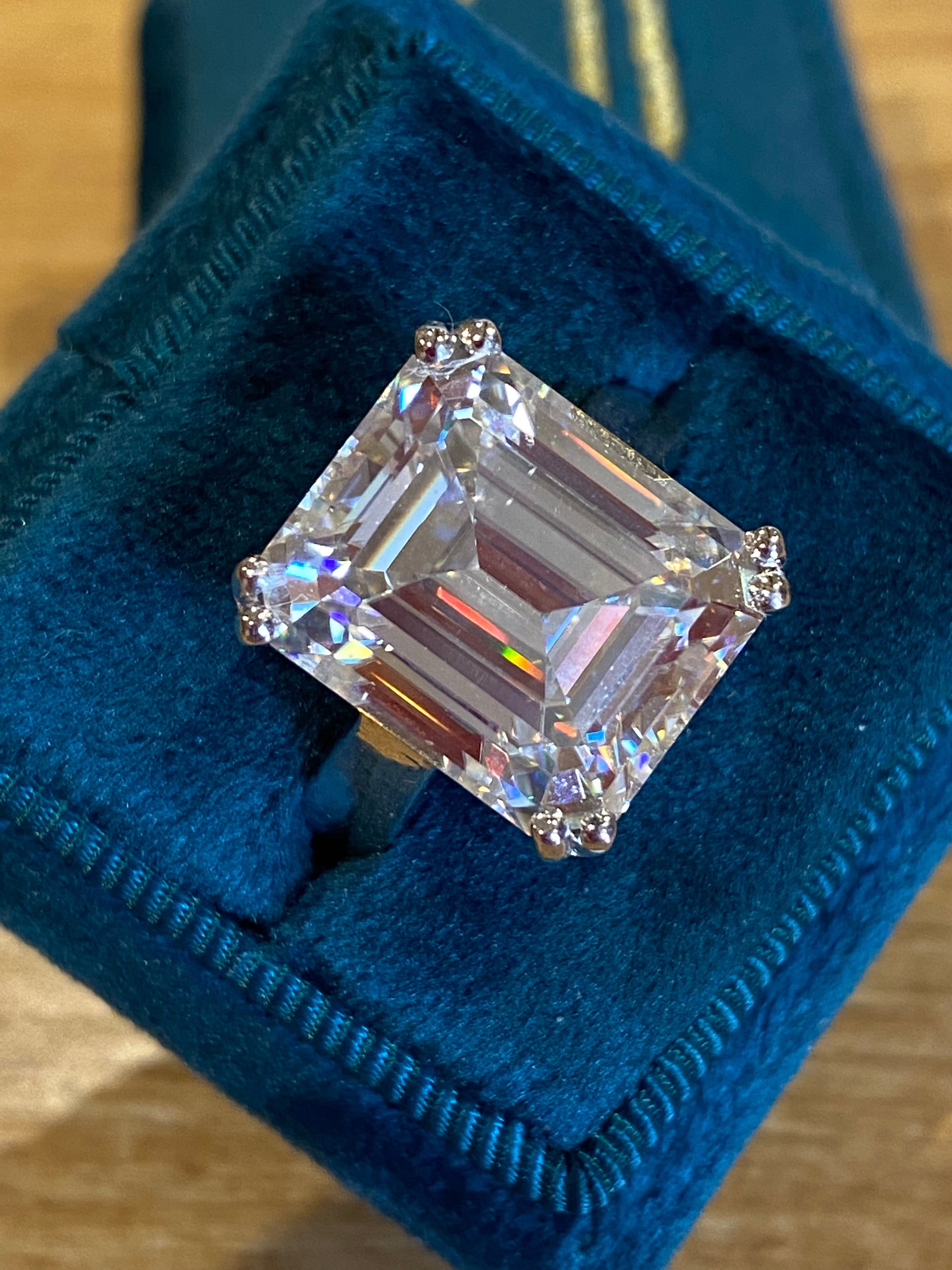 10.69 Carat Emerald Cut Double Claw Moissanite Engagement Cocktail Ring Katherine James Jewellery 