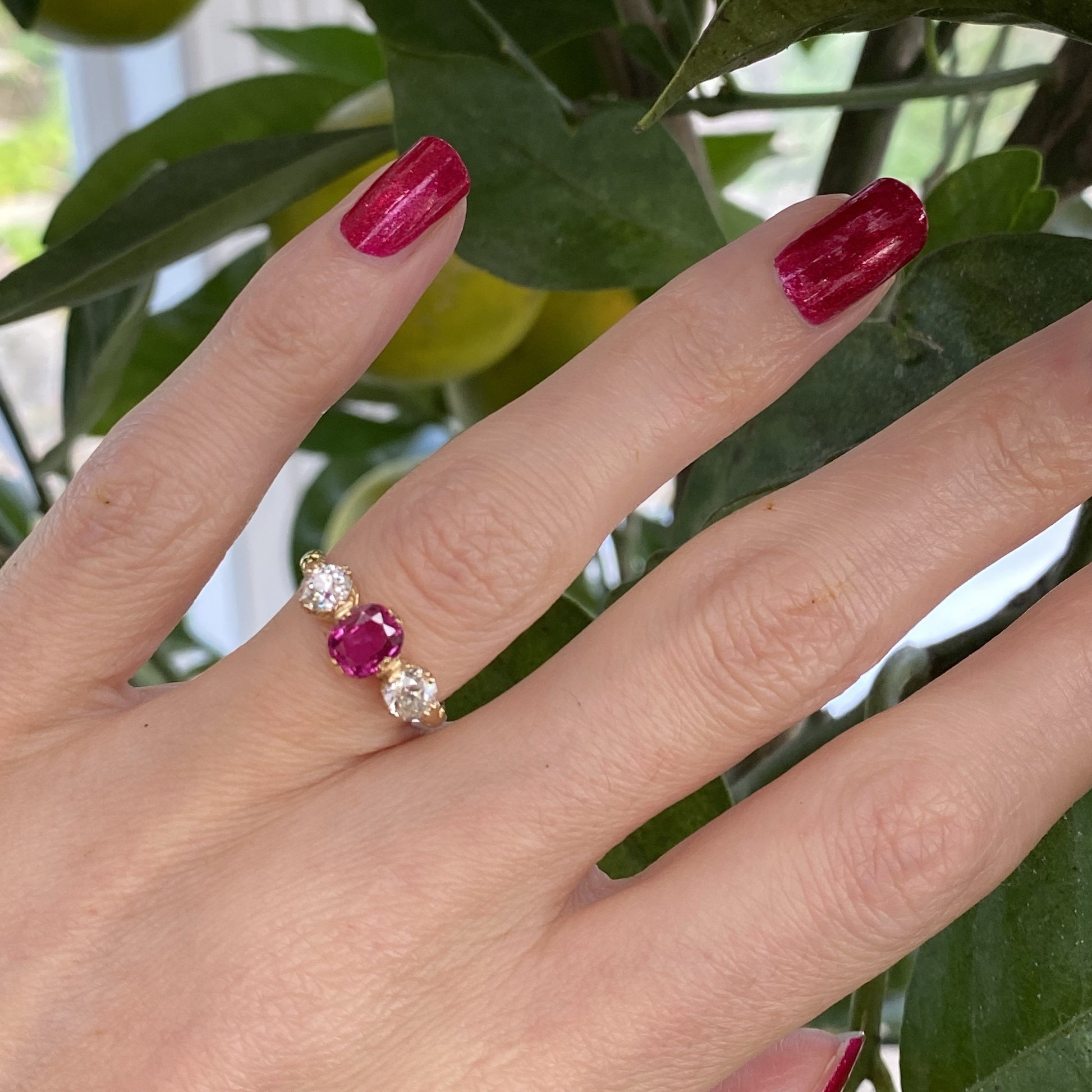 1.73 CTW Antique Ruby and Diamond Three Stone Ring in Yellow Gold 