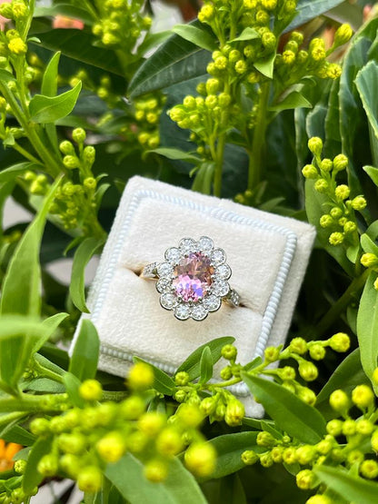 2 Carat Oval Pink Tourmaline and Diamond Halo Antique Style Engagement Ring in Yellow Gold 