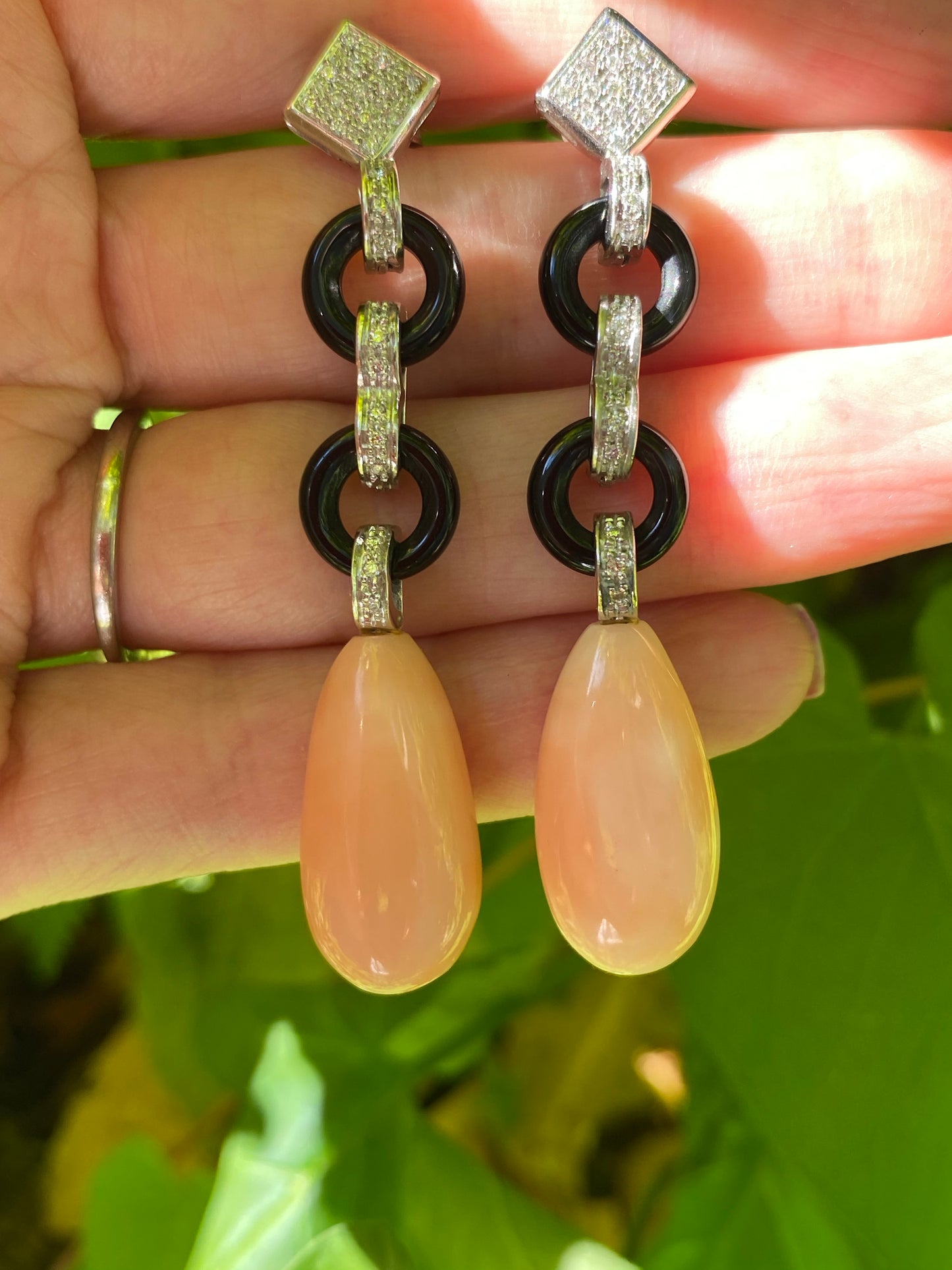 Art Deco Coral, Onyx, and Diamond Earrings 