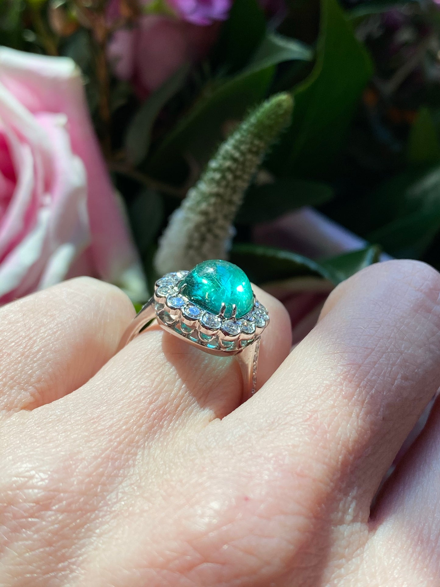 4.66 Carat Cabochon Colombian Emerald and Diamond Ring