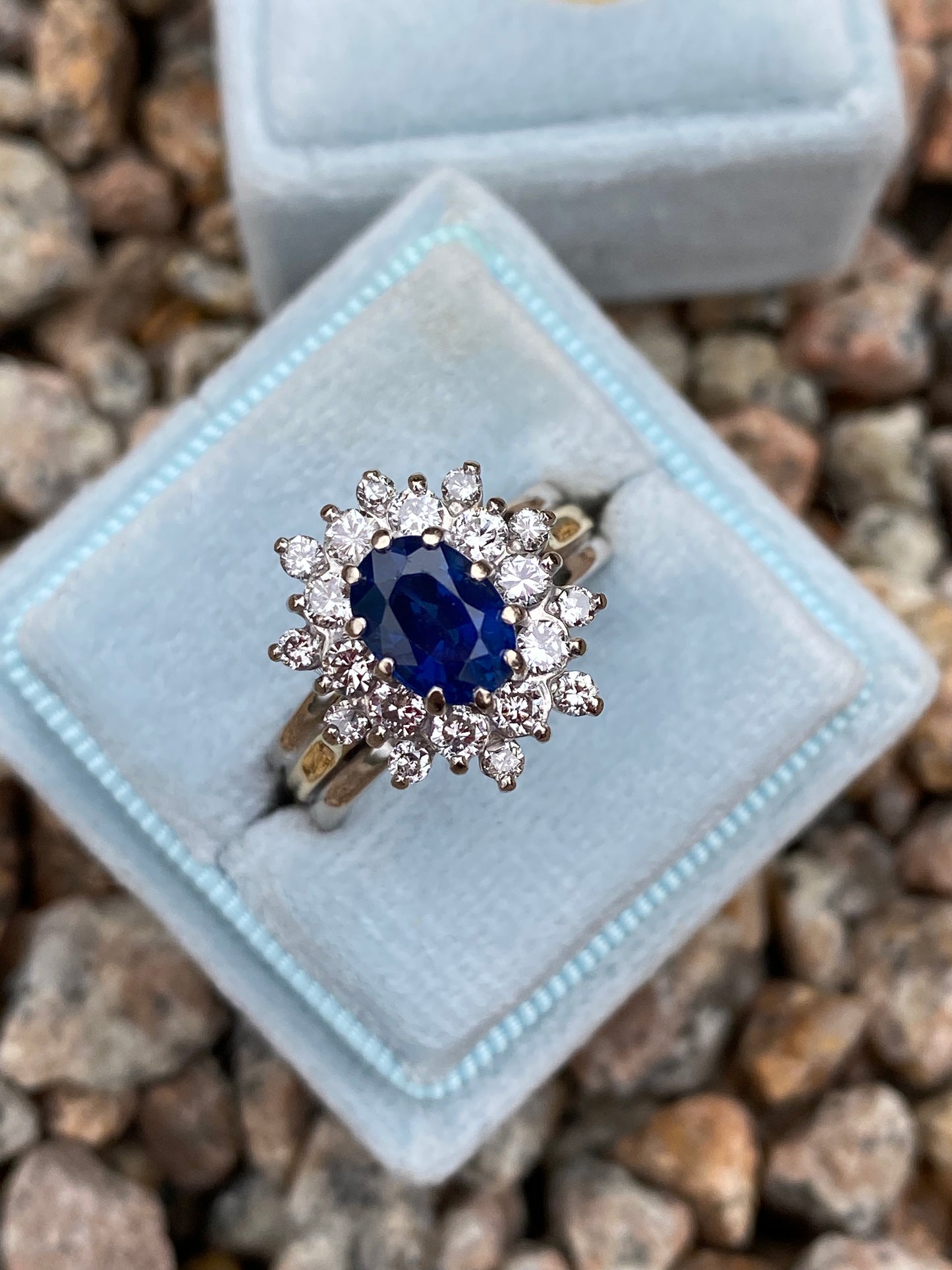 3 Carat Oval Blue Sapphire and Diamond Vintage Halo Engagement Ring 