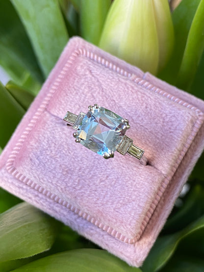 2.00 Carat Cushion Cut Aquamarine and Diamond Art Deco Engagement Ring in Platinum