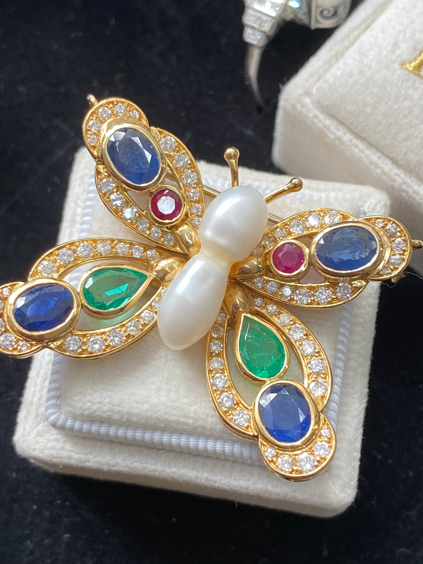 Baroque Pearl, Diamond, Emerald, Blue Sapphire and Ruby Butterfly Brooch in 18ct Yellow Gold