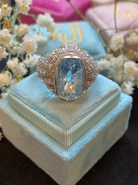 Antique Art Deco Aquamarine and Diamond Dress Engagement Cocktail Ring in Platinum