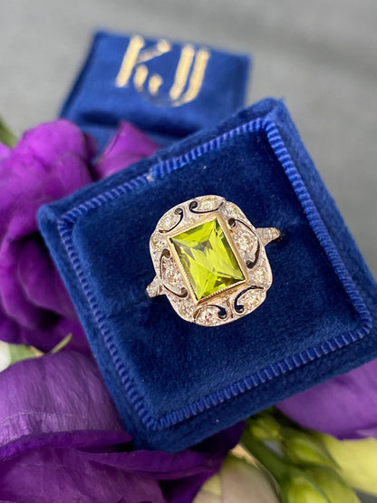 1.60 Carat Peridot and Diamond Art Deco Halo Ring in Platinum and 18ct Gold