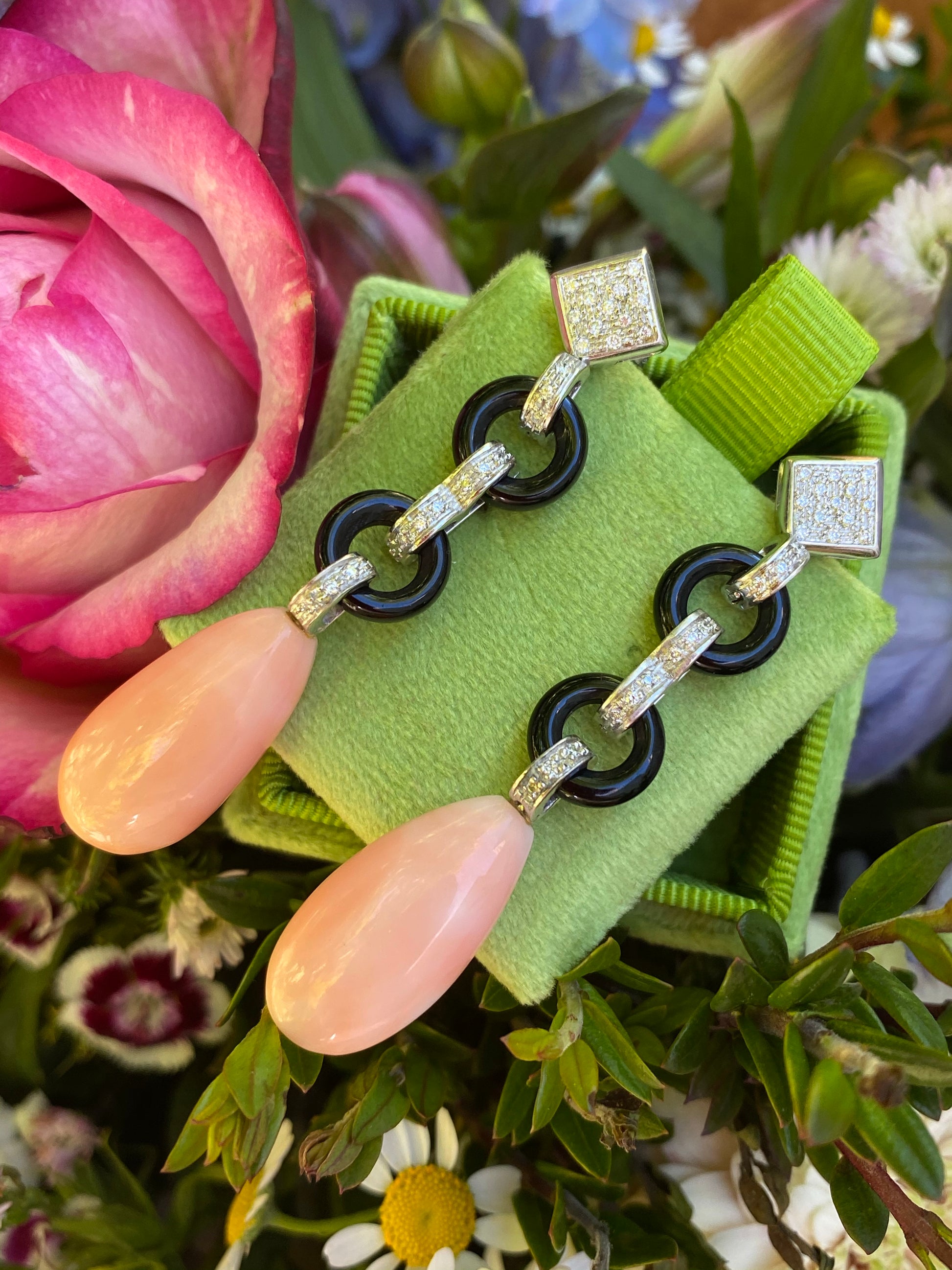 Art Deco Coral, Onyx, and Diamond Earrings 