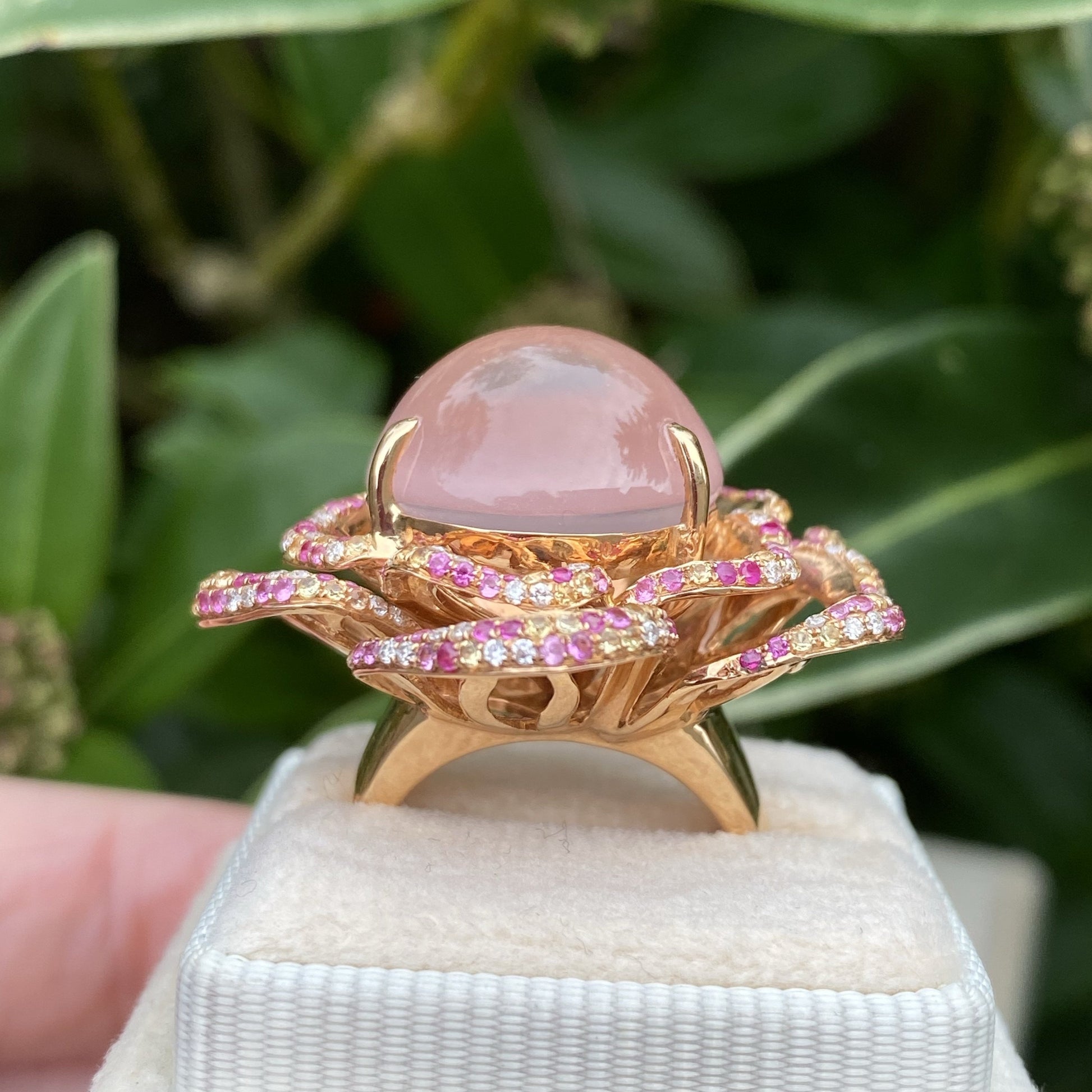 Rose Quartz Flower Ring with Pink and Yellow Sapphires and Diamonds in Rose Gold 