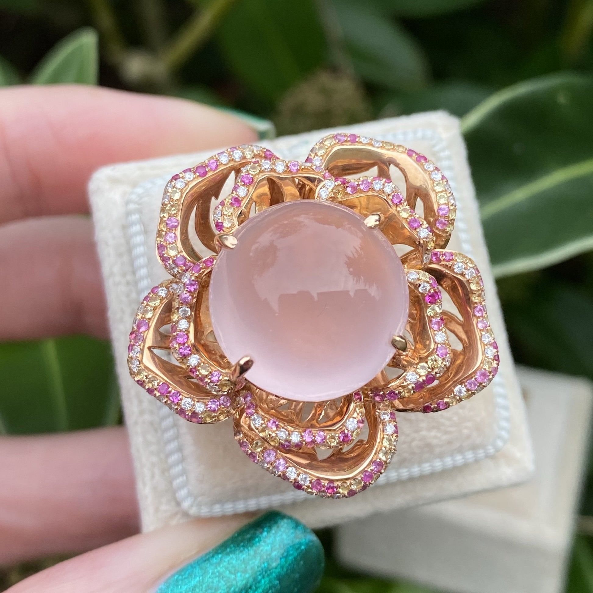 Rose Quartz Flower Ring with Pink and Yellow Sapphires and Diamonds in Rose Gold 