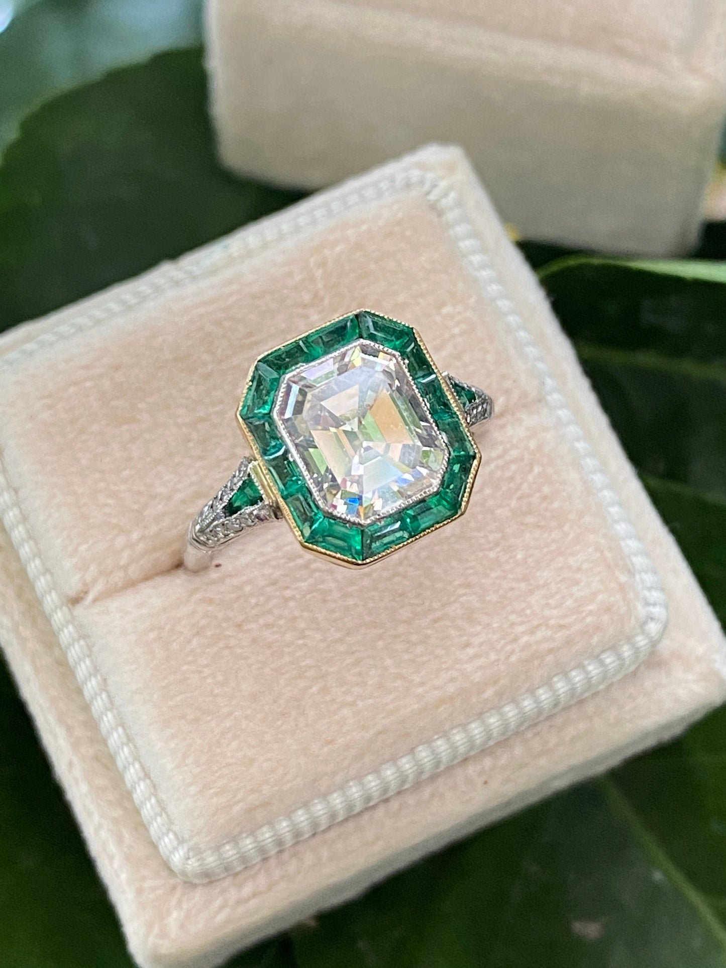 2.30 Carat Emerald Cut Diamond and Emerald Art Deco Halo Ring 