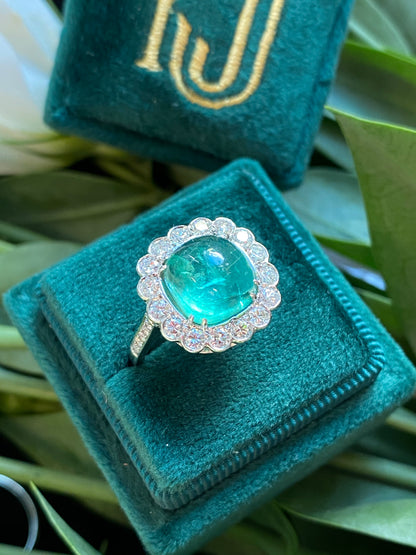 4.66 Carat Cabochon Colombian Emerald and Diamond Ring