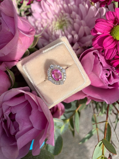 1.20 CTW Pink Sapphire and Diamond Compass Halo Engagement Ring in Platinum