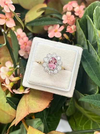 2 Carat Oval Pink Tourmaline and Diamond Halo Antique Edwardian Style Engagement Ring in White and Yellow Gold 