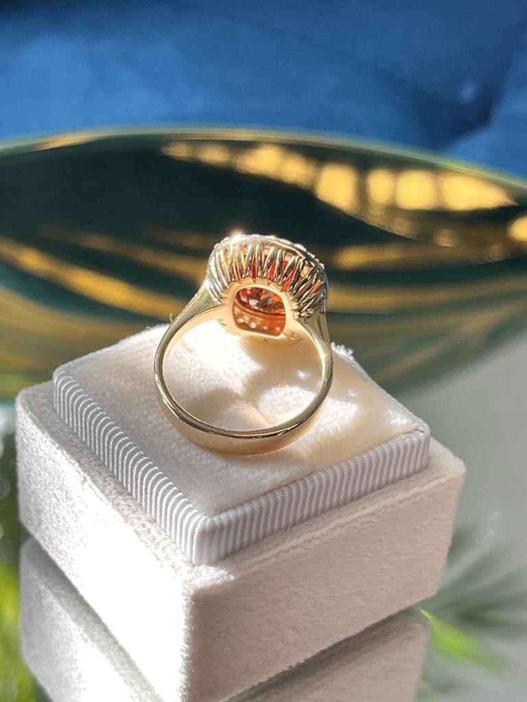 Spessartine Red Orange Garnet and Diamond Halo Ring 