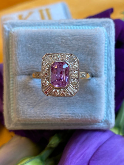 1.00 Carat Pink Sapphire and Diamond Art Deco Halo Engagement Ring in Platinum