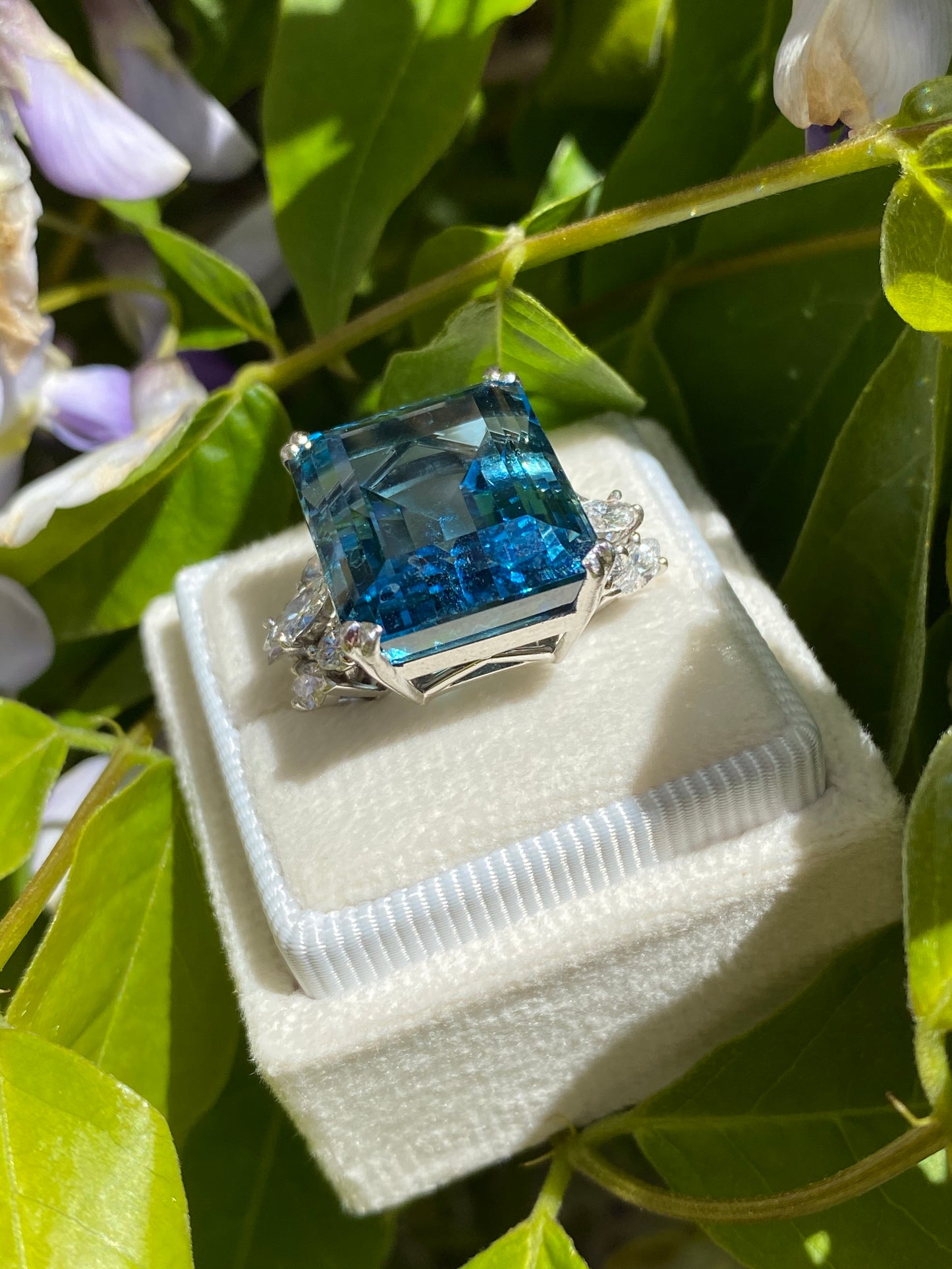 19.50 Carat Emerald Cut Aquamarine and Diamond Vintage Cocktail Ring 