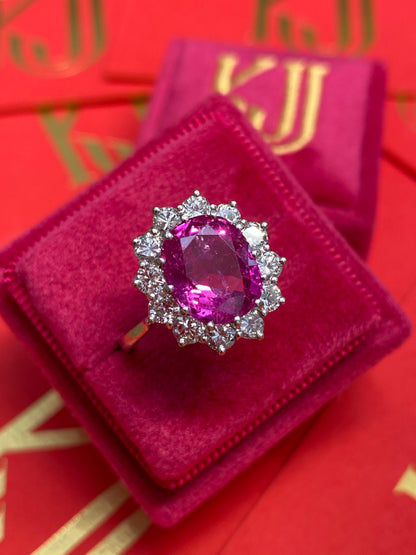 3.50 Carat Oval Pink Sapphire and Diamond Halo Vintage Engagement Ring 