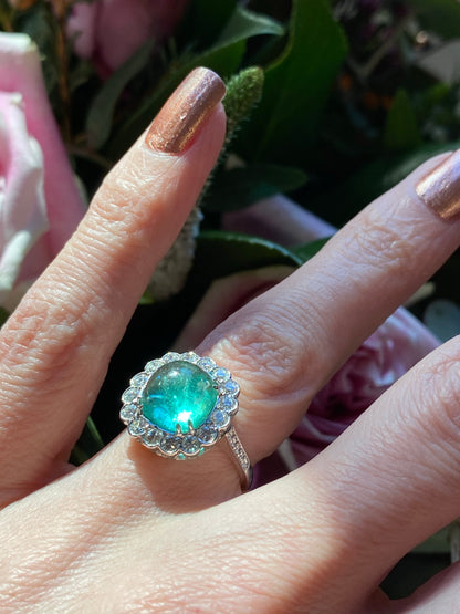 4.66 Carat Cabochon Colombian Emerald and Diamond Ring