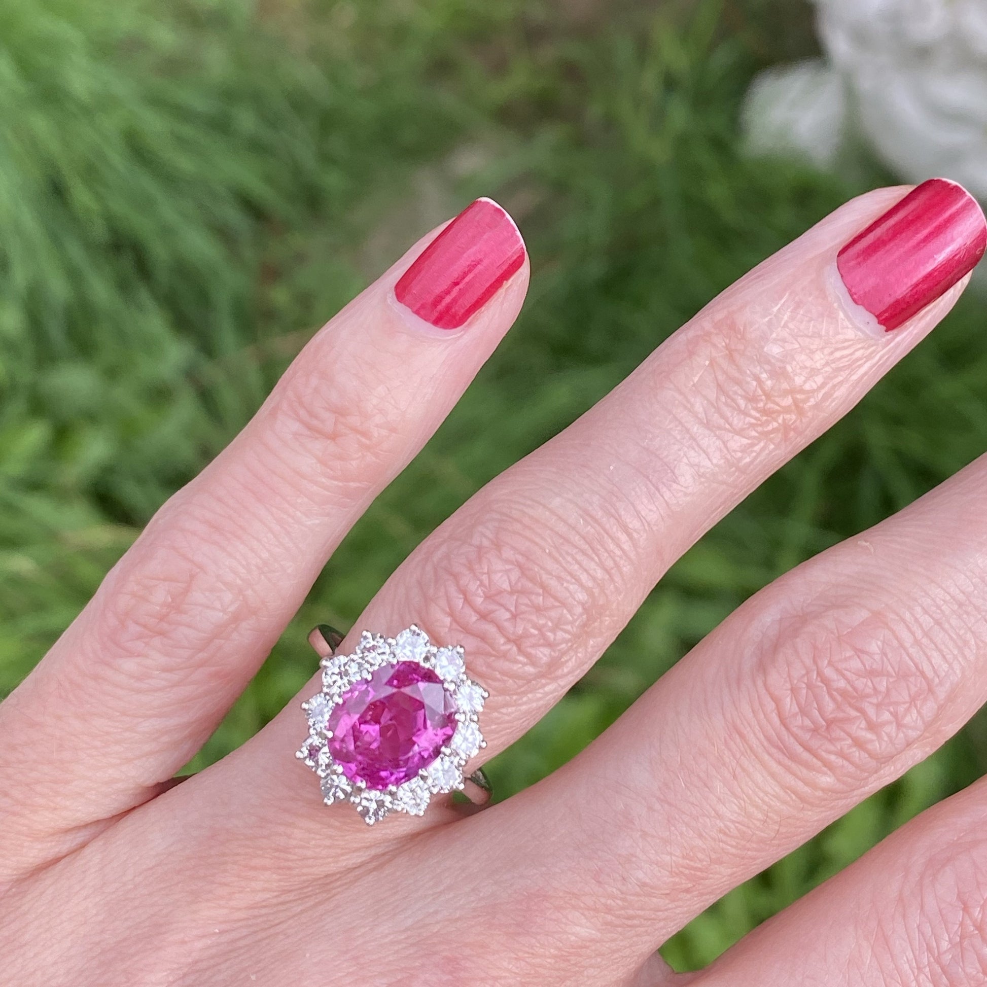 3.50 Carat Oval Pink Sapphire and Diamond Halo Vintage Engagement Ring 