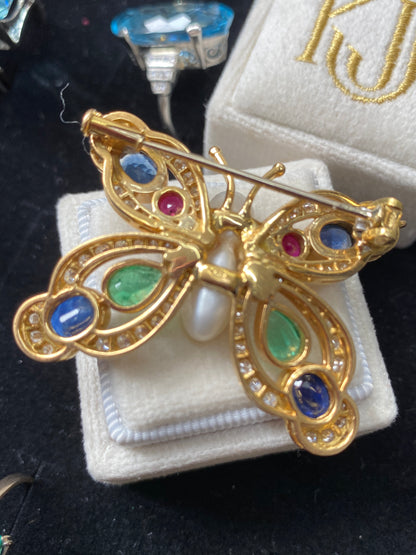 Baroque Pearl, Diamond, Emerald, Blue Sapphire and Ruby Butterfly Brooch in 18ct Yellow Gold