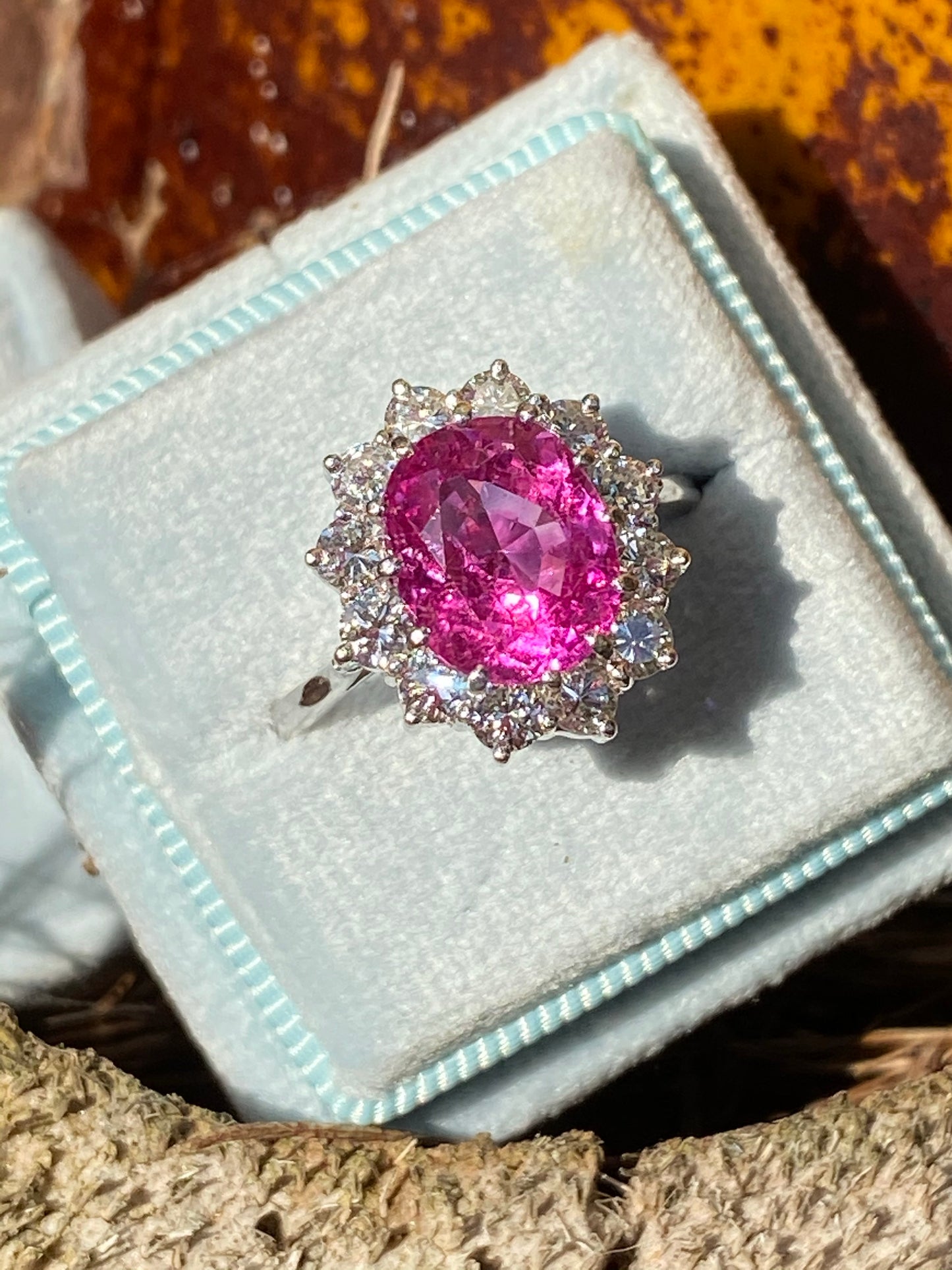 3.50 Carat Oval Pink Sapphire and Diamond Halo Vintage Engagement Ring 