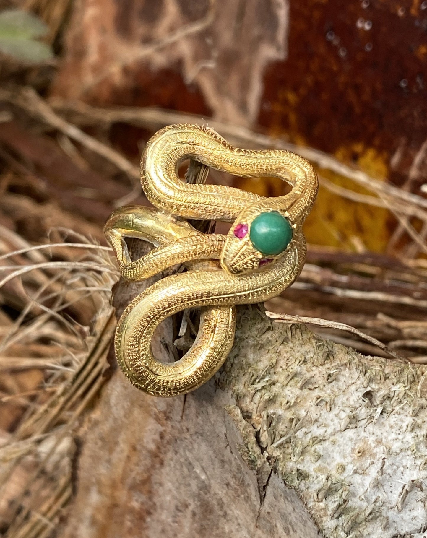 Antique Turquoise and Ruby Snake Serpent Ring in Yellow Gold 