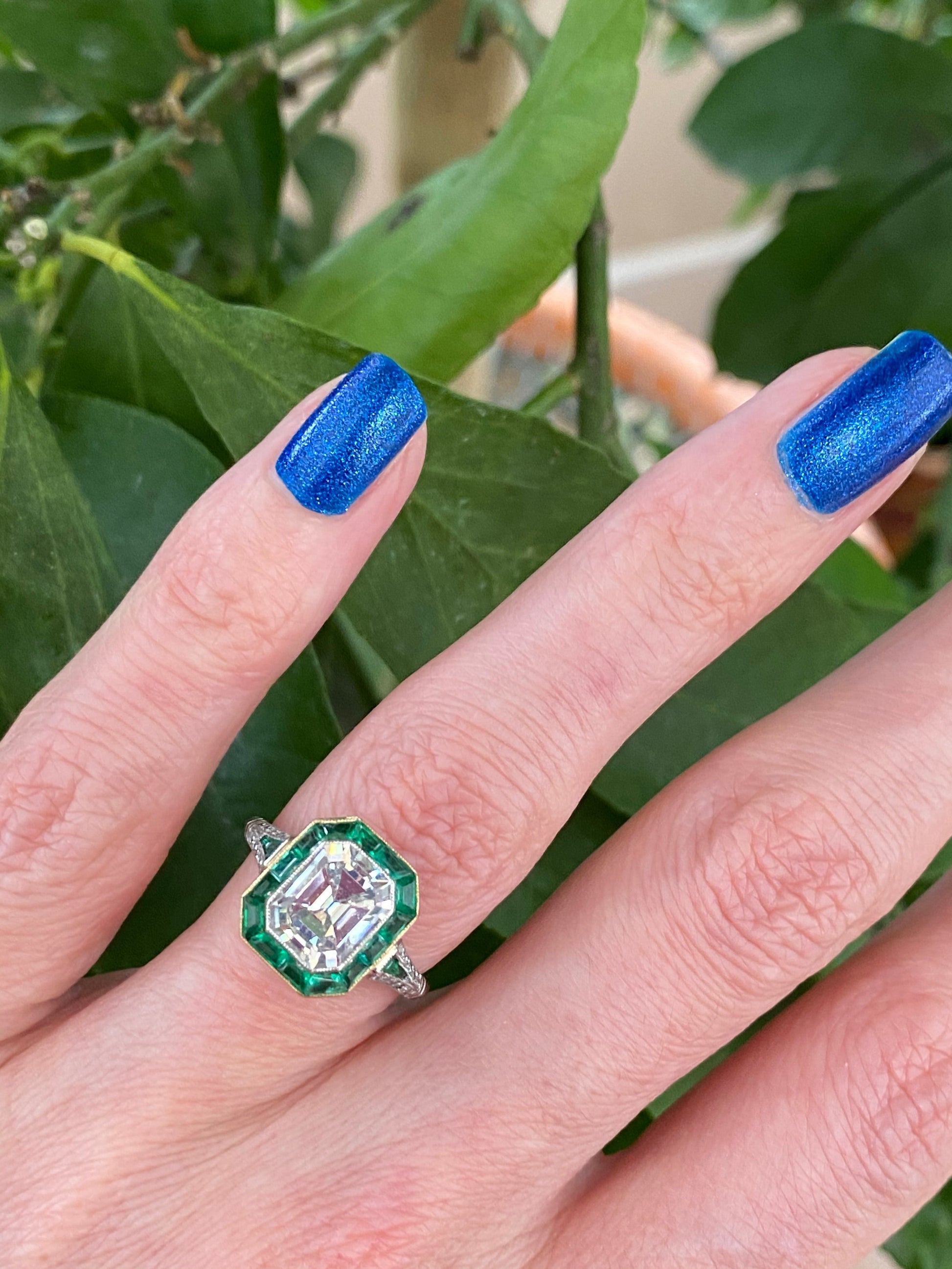 2.30 Carat Emerald Cut Diamond and Emerald Art Deco Halo Ring 