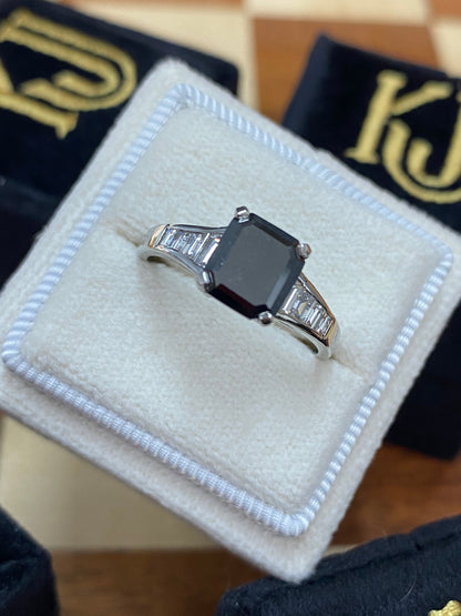 1.30 Carat Emerald Cut Black Diamond Art Deco Engagement Ring in Platinum