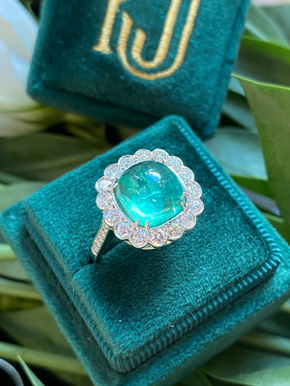 4.66 Carat Cabochon Colombian Emerald and Diamond Ring