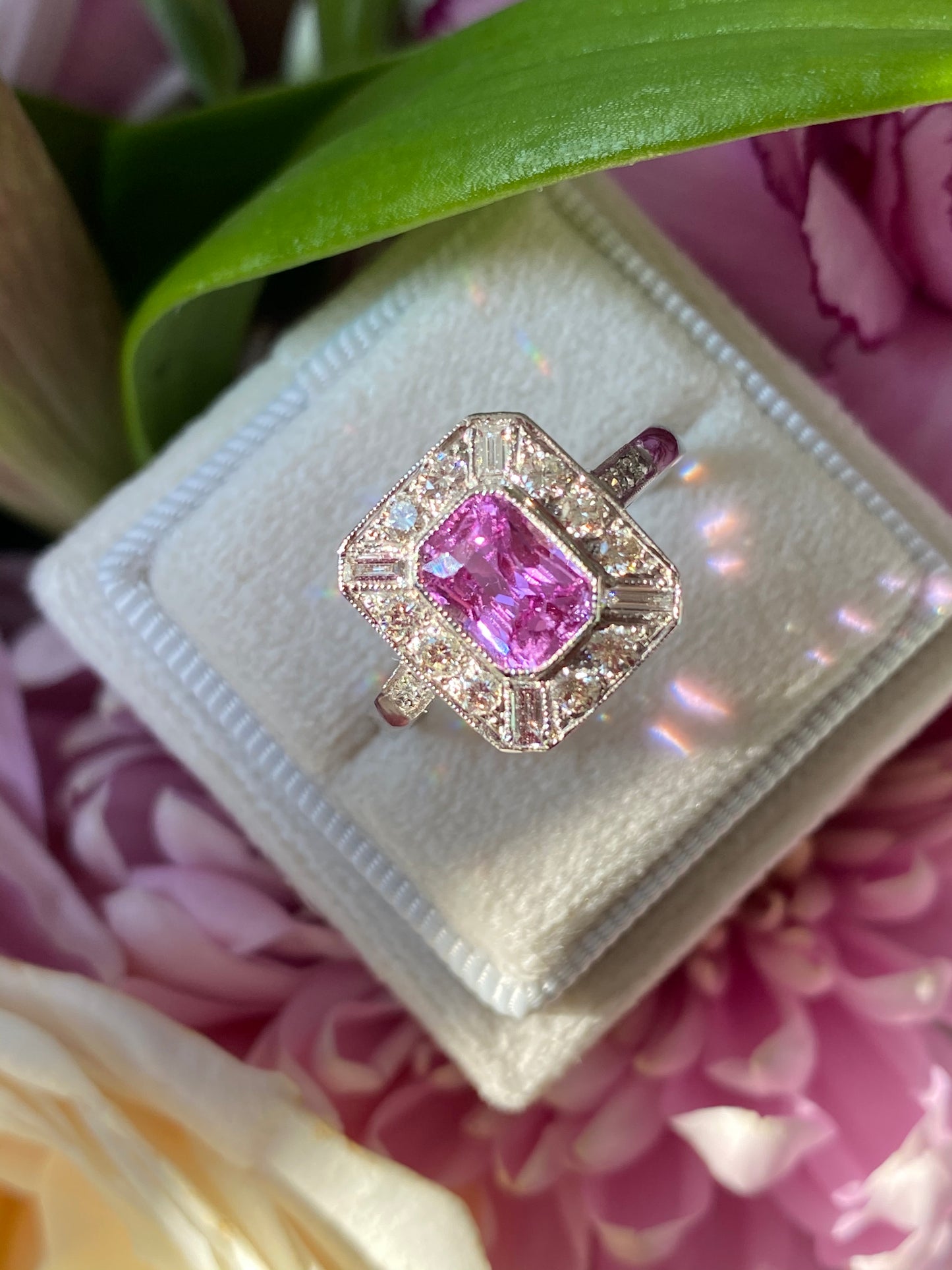 1 Carat Emerald Cut Pink Sapphire and Diamond Art Deco Engagement Ring in Platinum Katherine James Jewellery 